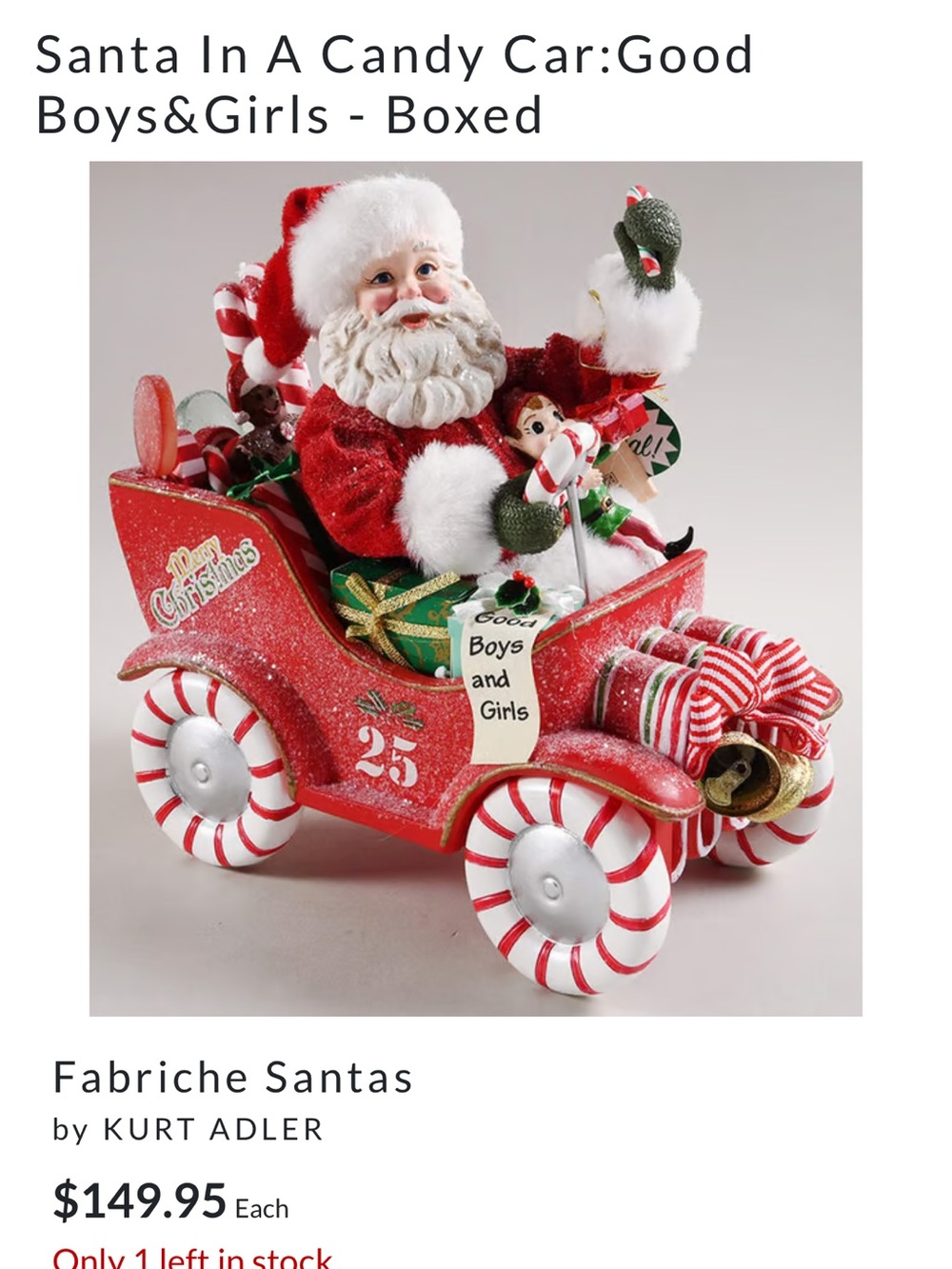 Kurt Adler Red Santa w/ Toys in Candy Cane Car - Retired